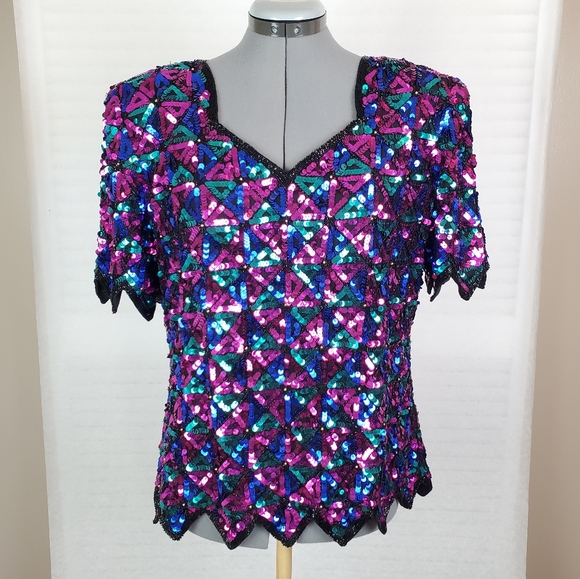 LAST CHANCE Vtg Laurence Kazar | L | 100% silk sequin v-neck - Picture 2 of 10